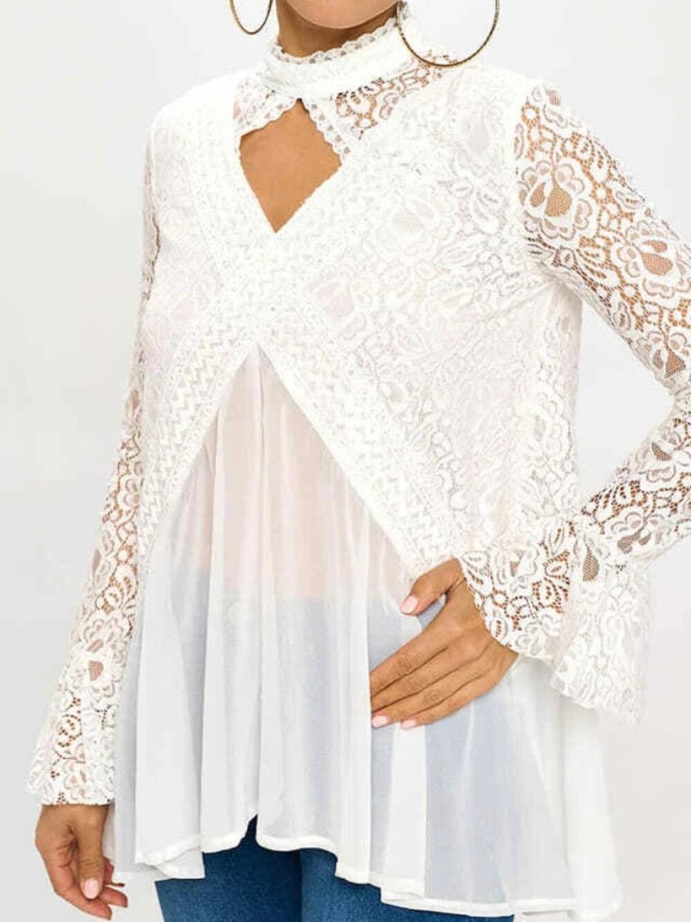 Oh Yes Flowy Lace Trim High Neck Keyhole Tunic Top Long Sleeve White New - Picture 3 of 14